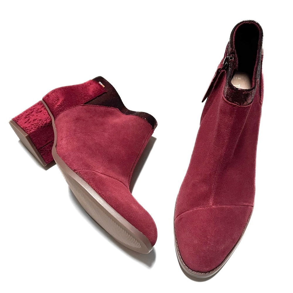 TOMS Loren Forest Maroon Python Suede Ankle Booties Burgundy Red Side Zip Boots
